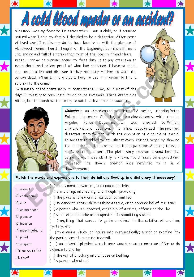 A cold blood murder or an accident?  crime vocabulary + comprehension [4 tasks] KEYS INCLUDED ((4 pages)) ***editable